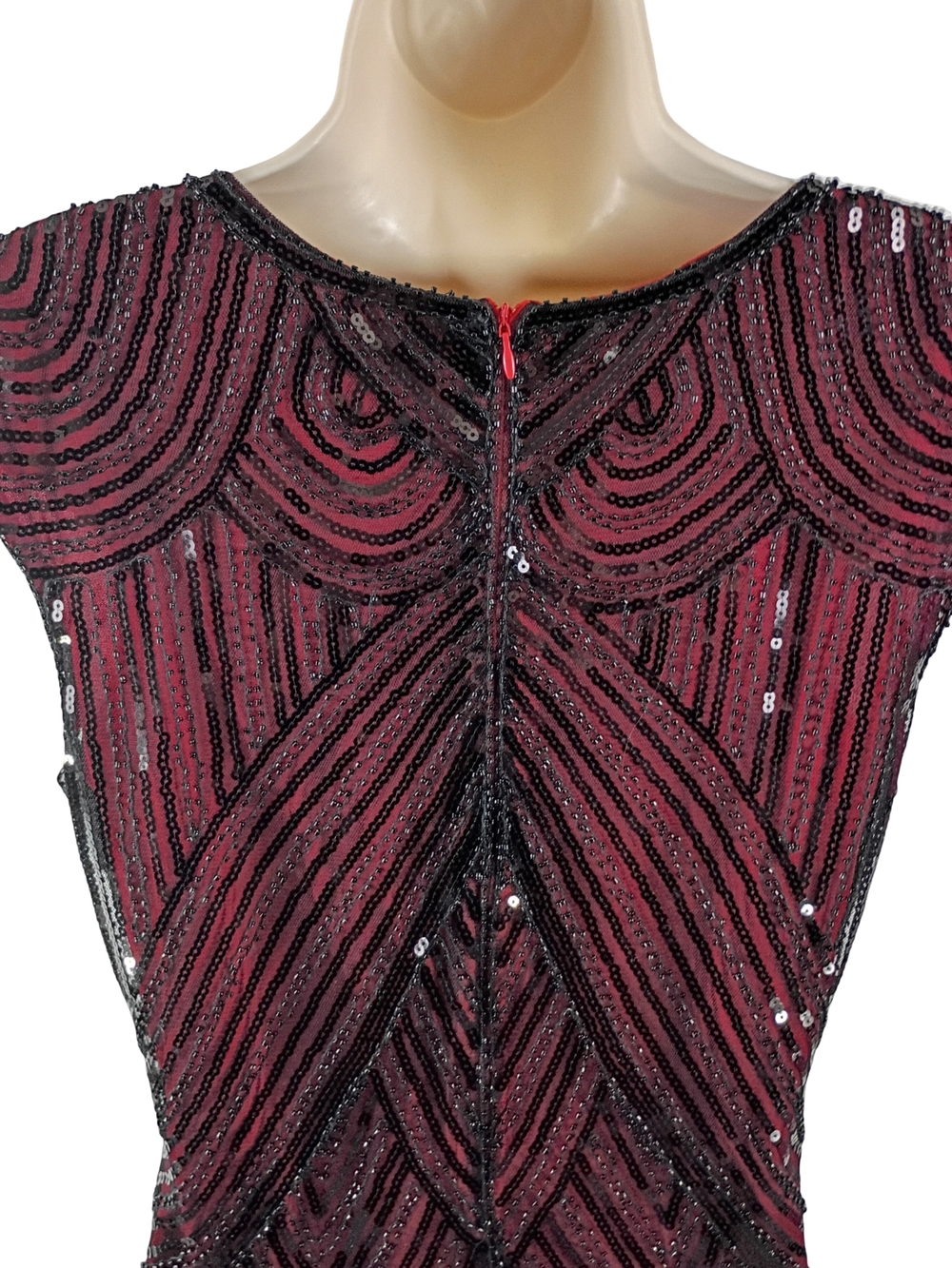 Flapper Beaded Red Fringe Midi Dress with Black Accents - Picture 6 of 8